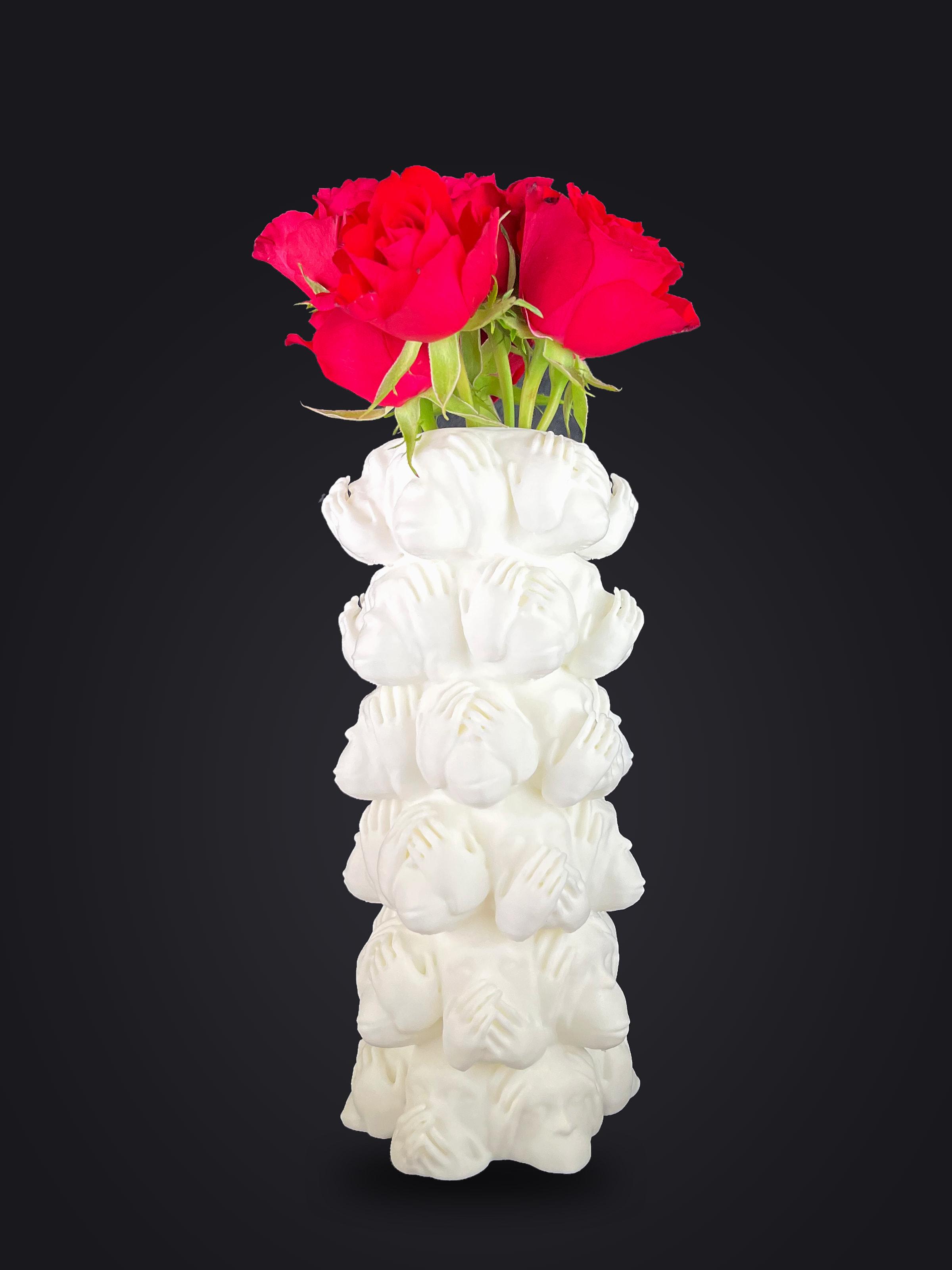The white vase holding red roses on a dark velvet backdrop.